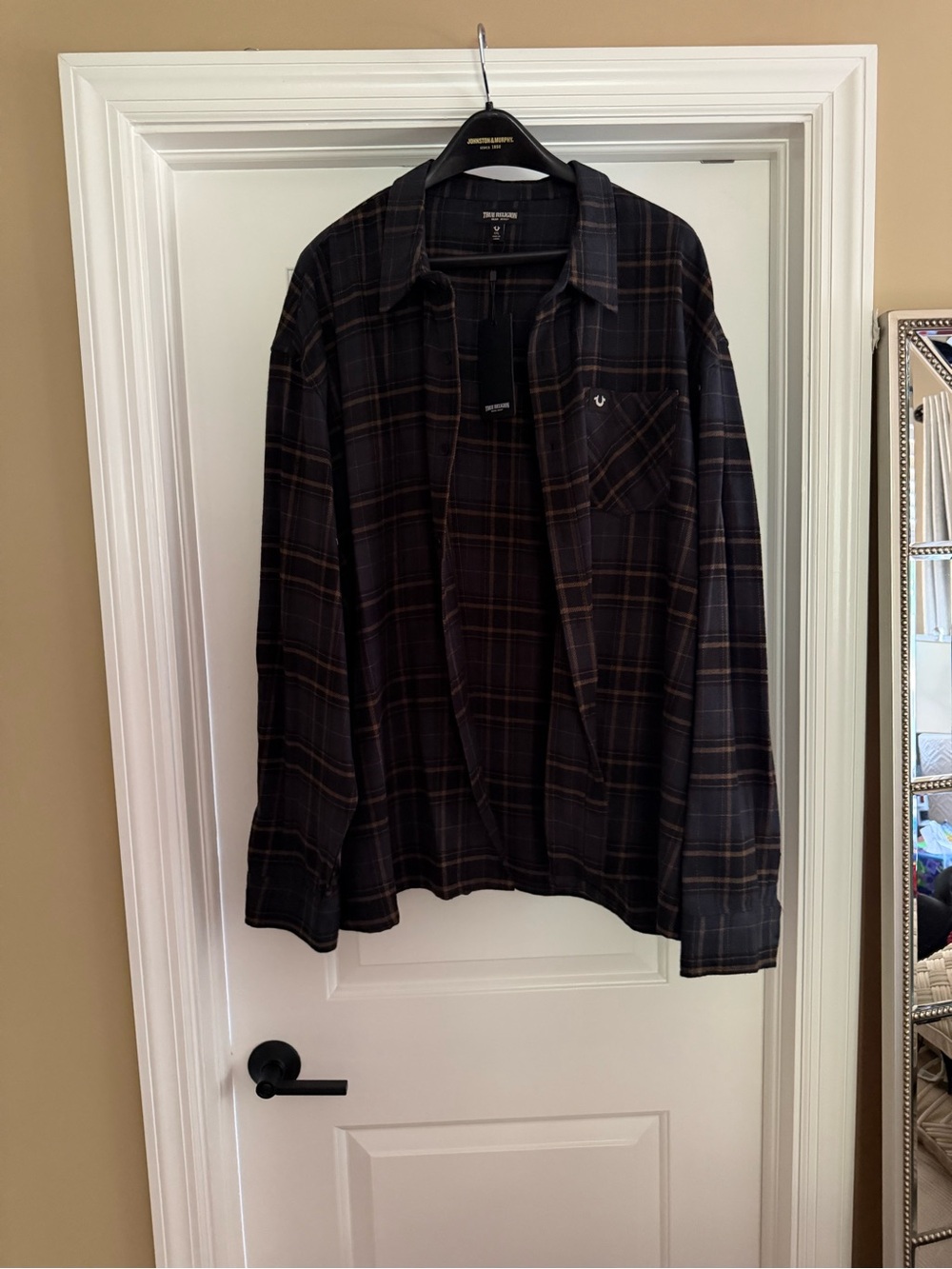 True Religion Black Plaid Lightweight Shirt with Brown Accents